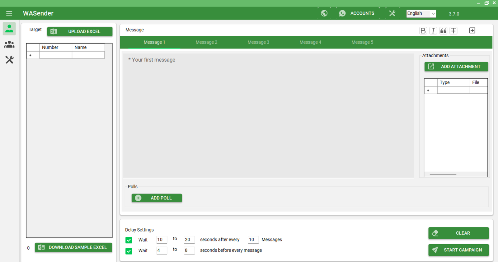 Wasender 3.7 dashboard interface showing campaign and schedule features